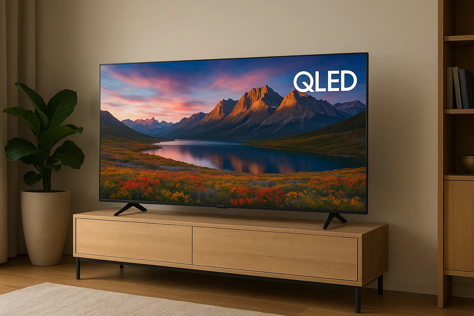 نمونهای از تلویزیون QLED با پنل روشن و رنگهای زنده