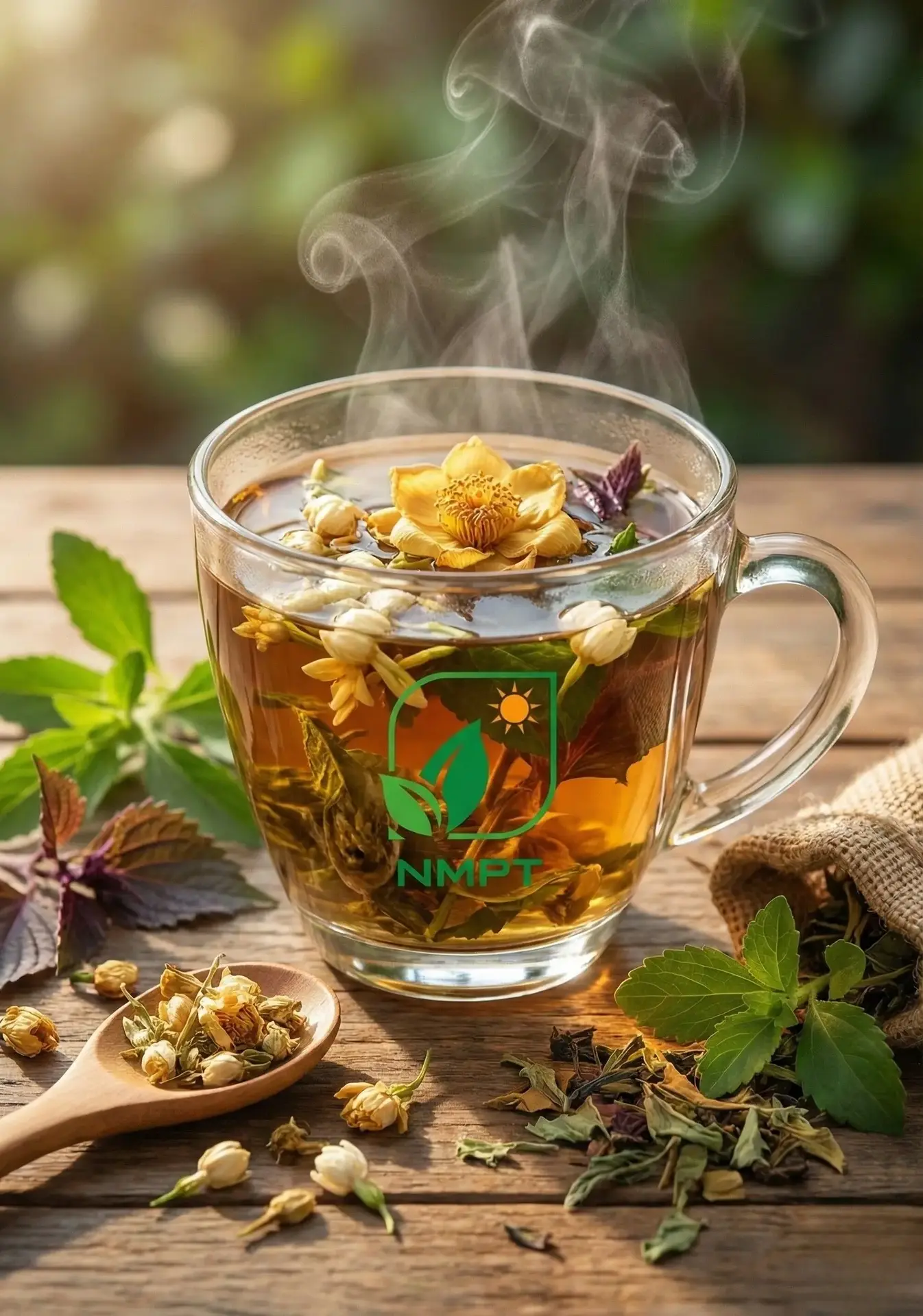 چای گیاهی در فنجان شیشه‌ای با برگ‌های تازه و گلبرگ‌های رنگارنگ