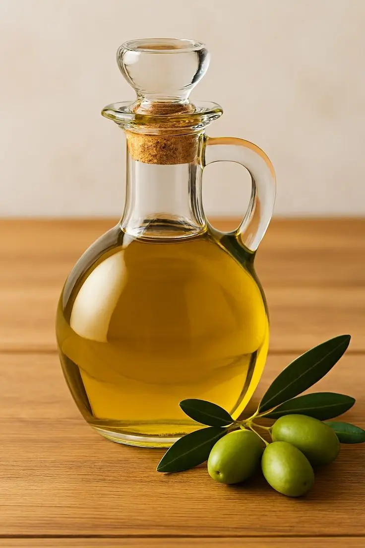 زیتونهای تازه و روغن زیتون در ظرف شیشهای