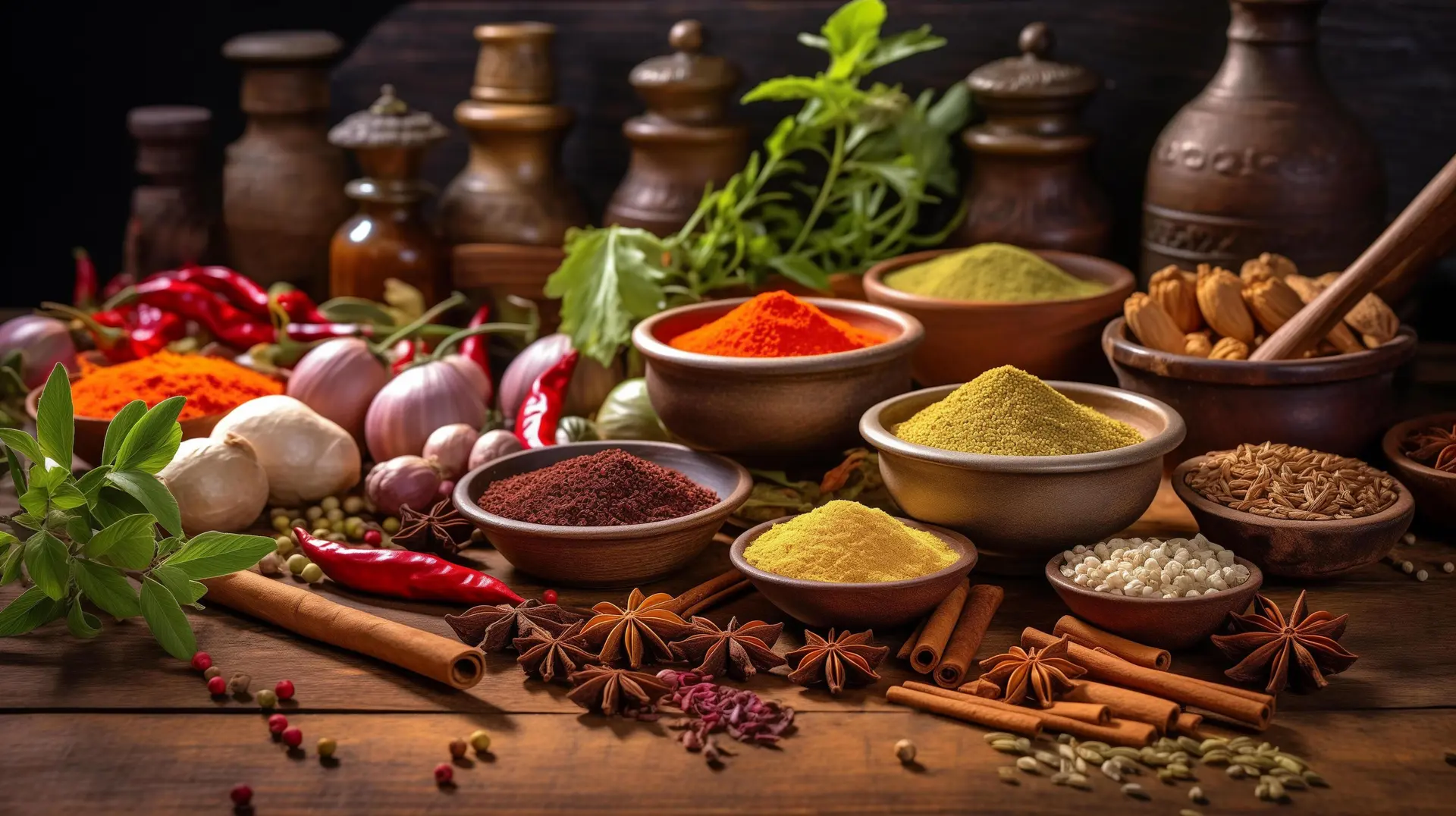 میز چوبی پر از انواع مختلف ادویه در ظرفهای کوچک